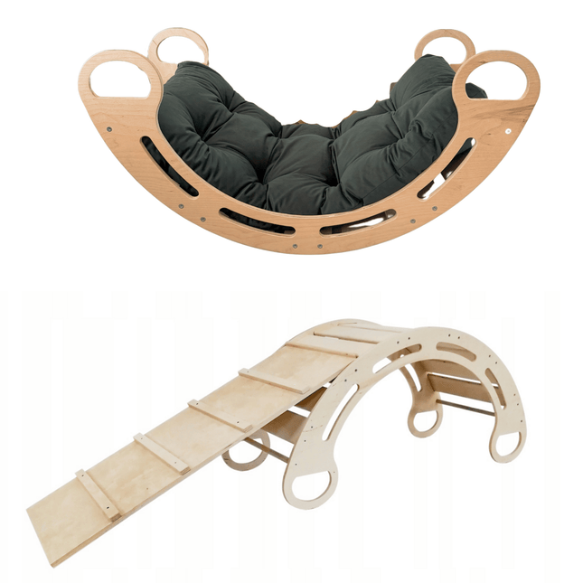 Montessori houpačka s antialergickým sametovým polštářem (v zelené barvě) a skluzavkou, přírodní, 85 cm, 5 v 1, 7 v 1, CE