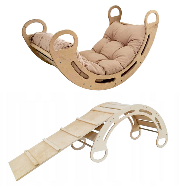 Montessori dřevěná houpačka s polštářem (v béžové barvě) a skluzavkou