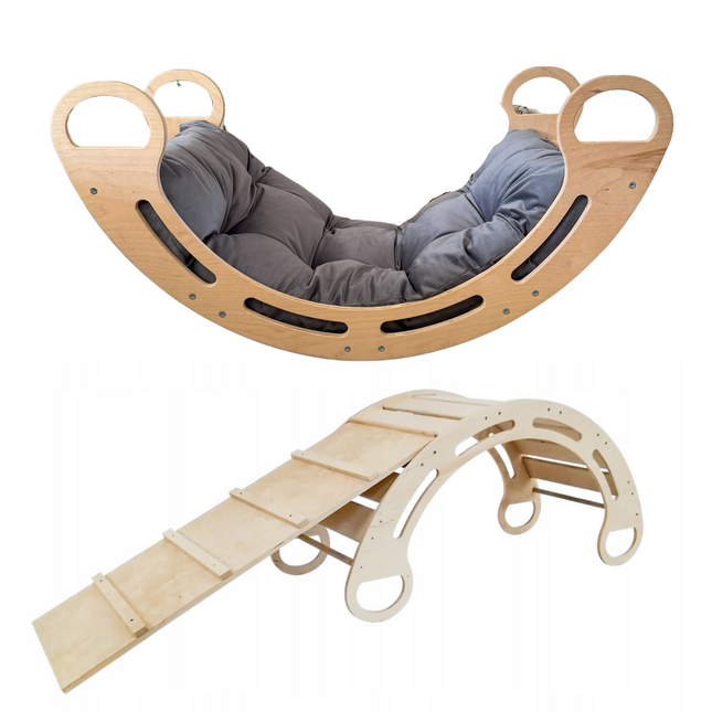 Montessori houpačka s antialergickým sametovým polštářem (v šedé barvě) a skluzavkou, přírodní, 85 cm, 5 v 1, 7 v 1, CE