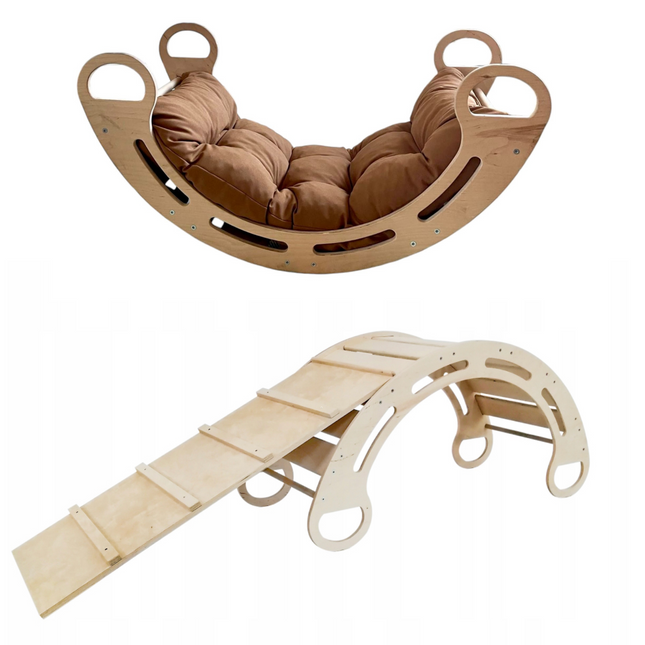 Montessori dřevěná houpačka s polštářem (v hnědé barvě) a skluzavkou