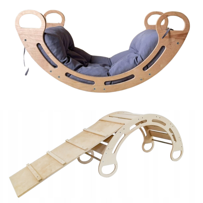 Montessori houpačka se skluzavkou MAX a polštářem (šedým), přírodní, 120 cm, 5 v 1, 7 v 1, CE