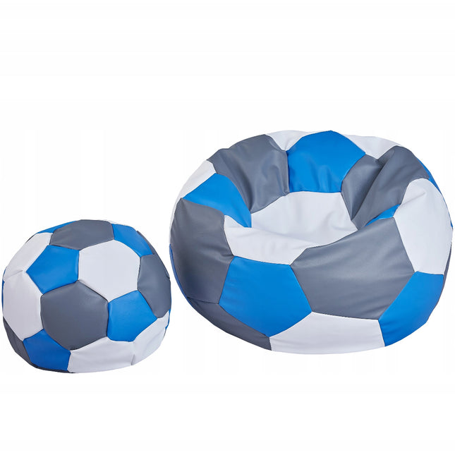 Sedací vak Fotbalový MÍČ XXXXL 100cm + podnožník bílo- šedo-modrý