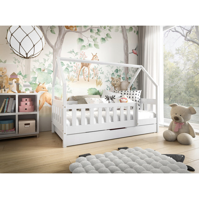 Postel domeček 86 x 168 cm borovice bila Luna včetně roštu, šuplíku a matraci