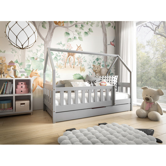 Postel domeček 86 x 168 cm borovice Šedá Luna včetně roštu, šuplíku a matraci