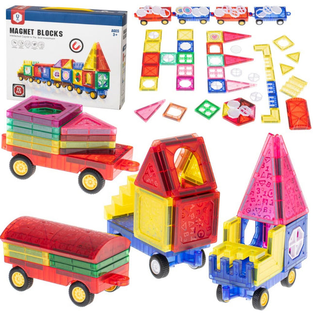 Vzdělávací magnetické kostky stavebnice 3D 72 dílků autíčka vláčky