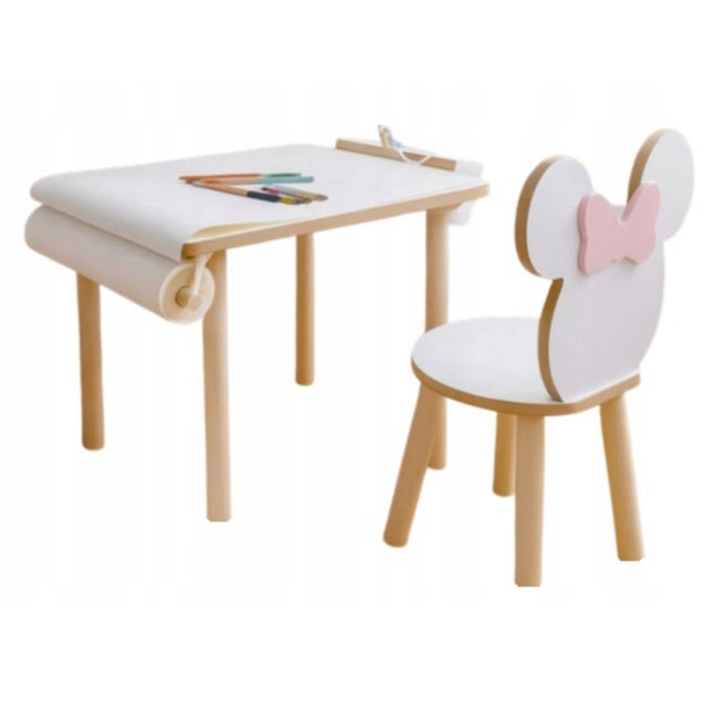 Dětský stůl a židlička + rolička papíru na kreslení + nádobí na pastelky