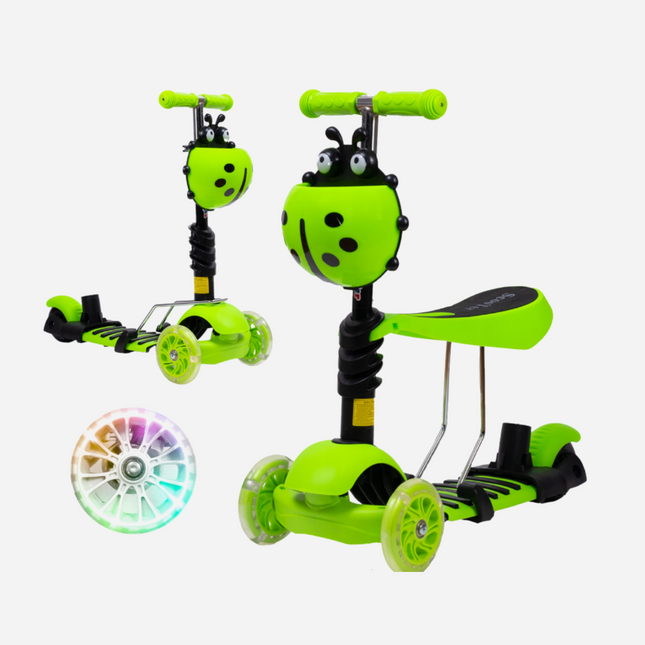 Dětská koloběžka tříkolová Beruška zelena se sedátkem a svítícími koly