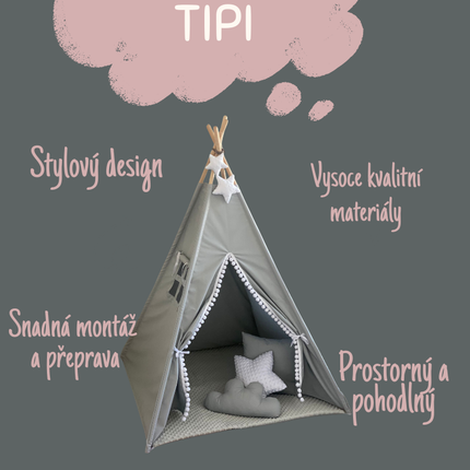 Teepee / tipi stan pro děti Šedo-bilý s příslušenstvím (hvězdička)
