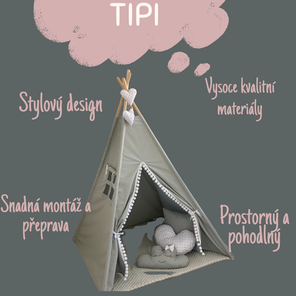 Teepee / tipi stan pro děti Šedo-bilý s příslušenstvím (srdíčko)