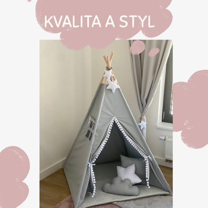 Teepee / tipi stan pro děti Šedo-bilý s příslušenstvím (hvězdička)