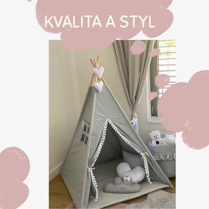 Teepee / tipi stan pro děti Šedo-bilý s příslušenstvím (srdíčko)