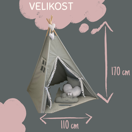 Teepee / tipi stan pro děti Šedo-bilý s příslušenstvím (srdíčko)