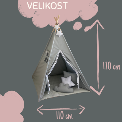 Teepee / tipi stan pro děti Šedo-bilý s příslušenstvím (hvězdička)