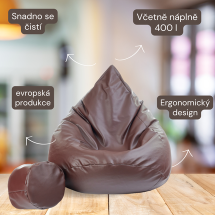 Sedací vak + podnožník hnědý z eko kůže velký