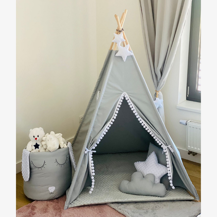 Teepee / tipi stan pro děti Šedo-bilý s příslušenstvím (hvězdička)