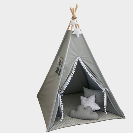 Teepee / tipi stan pro děti Šedo-bilý s příslušenstvím (hvězdička)