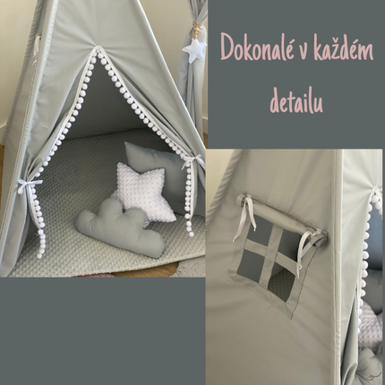 Teepee / tipi stan pro děti Šedo-bilý s příslušenstvím (hvězdička)