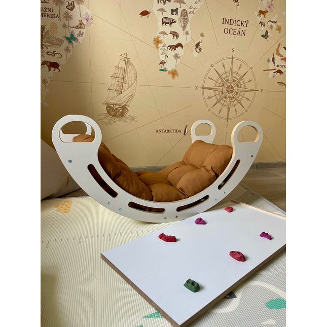 Montessori houpačka s polštářem (v hnědé barvě) a skluzavkou. Bílá, 85 cm, 5 v 1, 7 v 1, CE