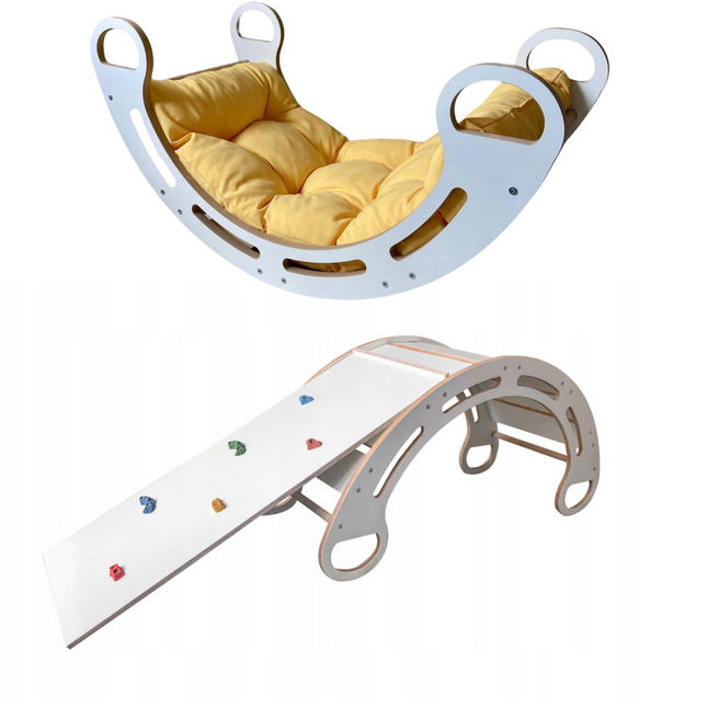 Montessori houpačka s polštářem (v žluté barvě) a skluzavkou. Bílá, 85 cm, 7 v 1, CE