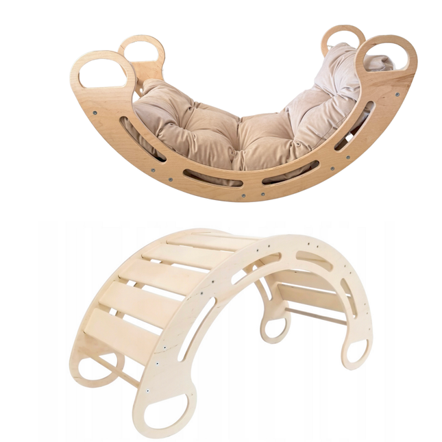 Montessori dřevěná houpačka s antialergickým sametovým polštářem (v béžové barvě)