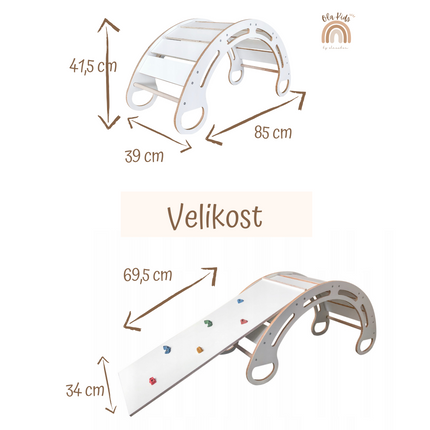 Montessori houpačka s polštářem (v žluté barvě) a skluzavkou. Bílá, 85 cm, 7 v 1