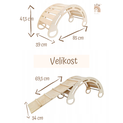 Montessori houpačka s antialergickým sametovým polštářem (v šedé barvě) a skluzavkou, přírodní, 85 cm, 5 v 1,  7 v 1, CE