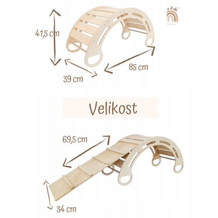 Montessori houpačka s polštářem (v hnědé barvě) a skluzavkou, přírodní, 85 cm, 5 v 1,  7 v 1