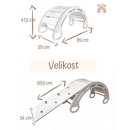 Montessori houpačka s polštářem (v hnědé barvě) a skluzavkou. Bílá, 85 cm, 5 v 1, 7 v 1, CE