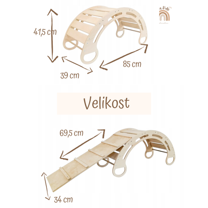 Montessori houpačka s polštářem (v žluté barvě) a skluzavkou, přírodní, 85 cm, 5 v 1,  7 v 1, CE