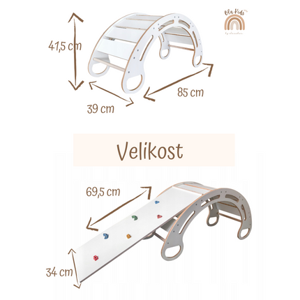 Montessori houpačka s polštářem (v šedé barvě) a skluzavkou. Bílá, 85 cm, 5 v 1, 7 v 1, CE