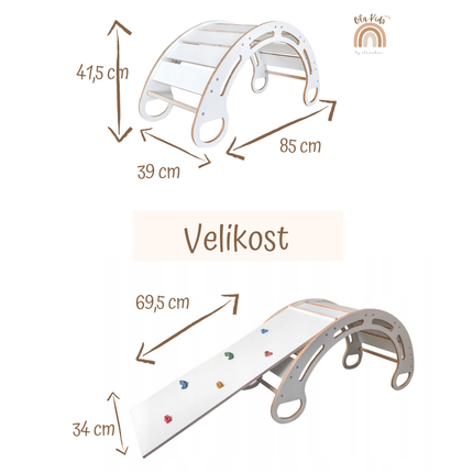 Montessori houpačka s antialergickým sametovým polštářem (v béžové barvě) a skluzavkou. Bílá, 85 cm, 5 v 1, 7 v 1, CE