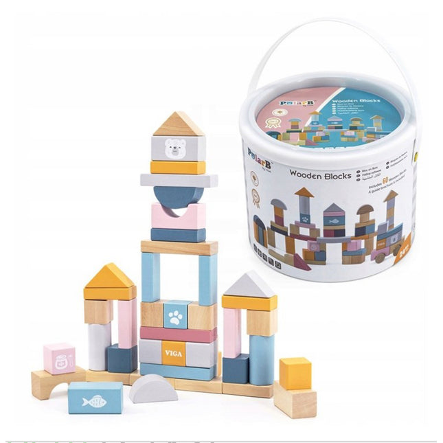 Viga PolarB Sada dřevěných kostek v kbelíku - 60 kusů, pastelové