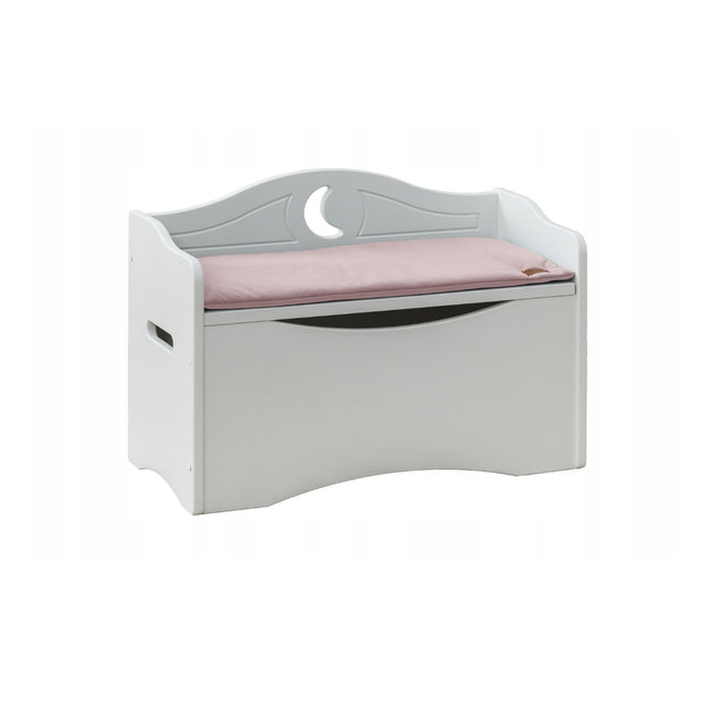 Dřevěná truhla na hračky měsíc, sedátko s růžovým polštářem