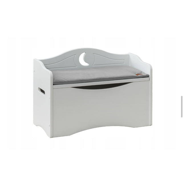 Dřevěná truhla na hračky měsíc, sedátko s šedým polštářem