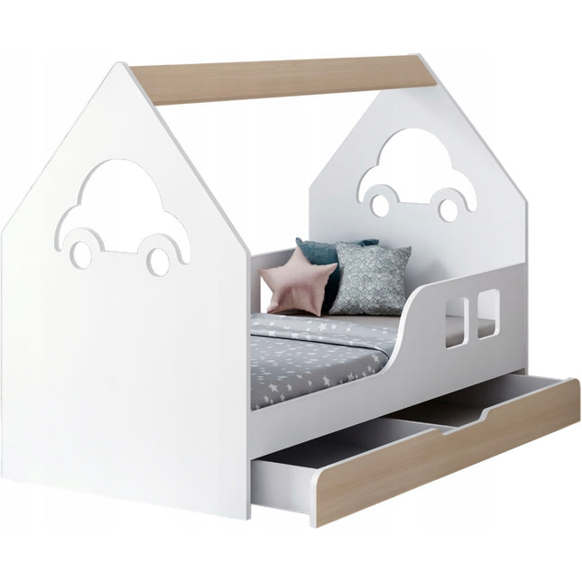 Postel domeček 80 x 160 cm včetně roštu, šuplíku a matrací Happy babies auto