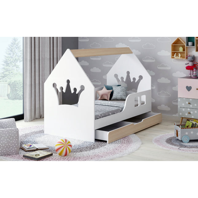Postel domečkova 80 x 160 cm včetně roštu, šuplíku a matrací Happy babies koruna