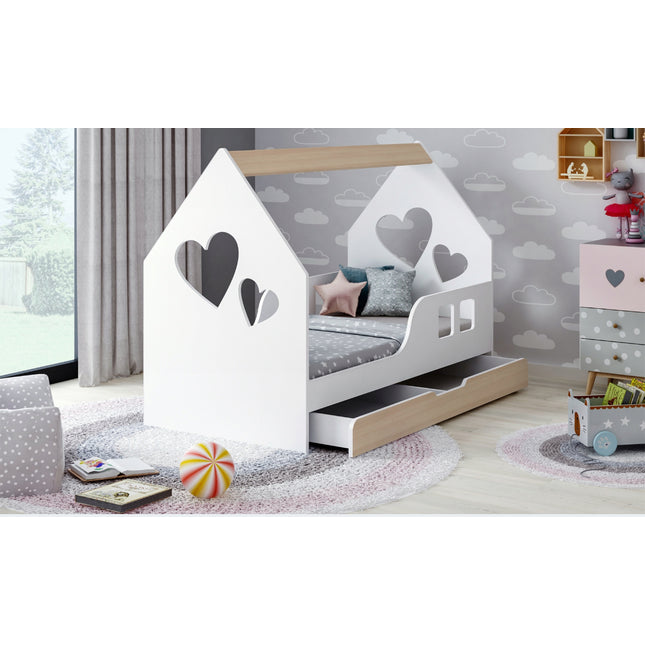 Postel domeček 80 x 160 cm včetně roštu, šuplíku a matrací Happy babies srdce