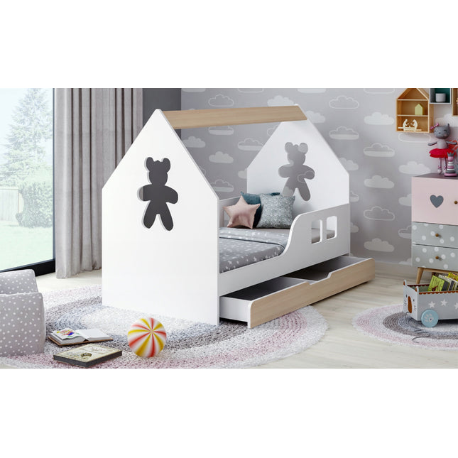 Postel domečkova 80 x 160 cm včetně roštu, šuplíku a matrací Happy babies  medvěd