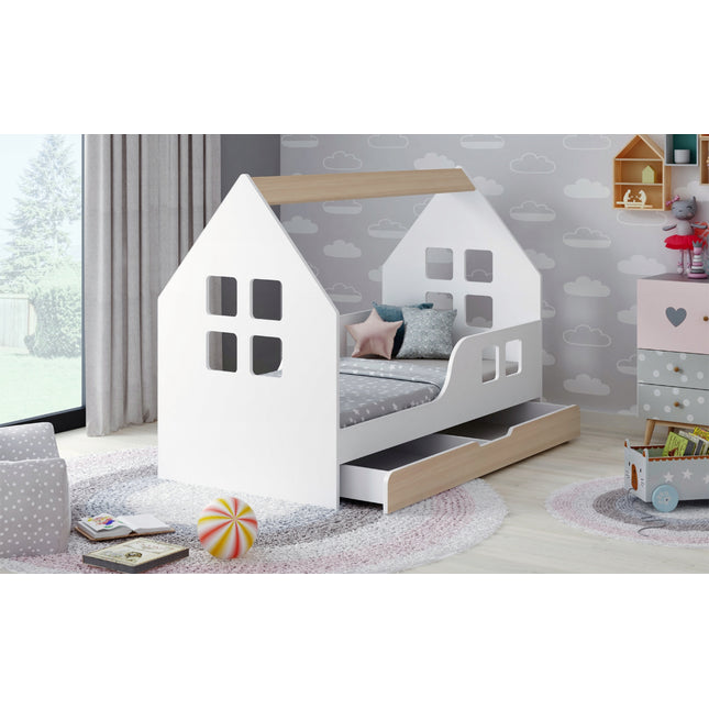 Postel domeček 80 x 160 cm včetně roštu, šuplíku a matrací Happy babies okno