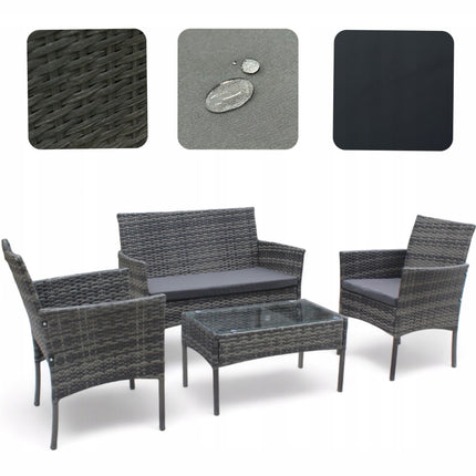 Sada zahradního nábytku, šedý technorattan, šedé polštáře 4 ks.
