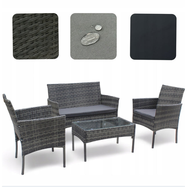 Sada zahradního nábytku, šedý technorattan, šedé polštáře 4 ks.
