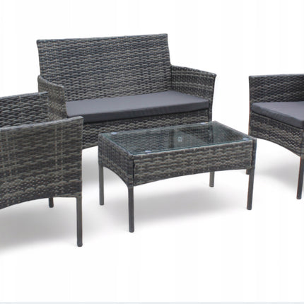 Sada zahradního nábytku, šedý technorattan, šedé polštáře 4 ks.
