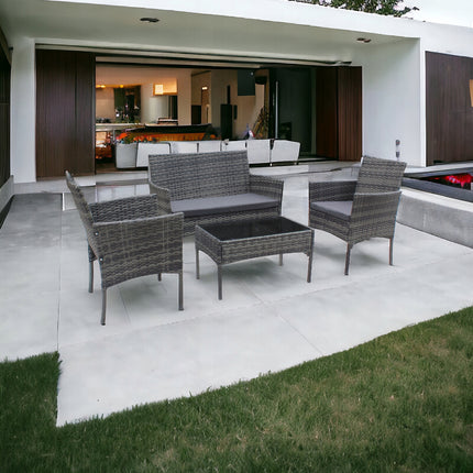 Sada zahradního nábytku, šedý technorattan, šedé polštáře 4 ks.
