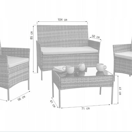 Sada zahradního nábytku, šedý technorattan, šedé polštáře 4 ks.