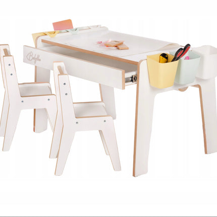 Dětský stůl se zásuvkou + 2 židličky + doplňky