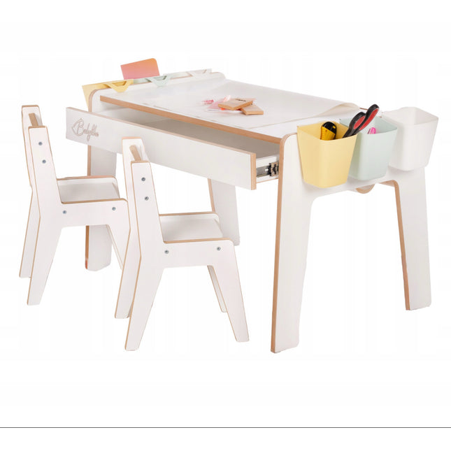Dětský stůl se zásuvkou + 2 židličky + doplňky