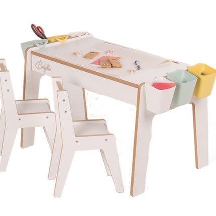 Dětský stůl se zásuvkou + 2 židličky + doplňky