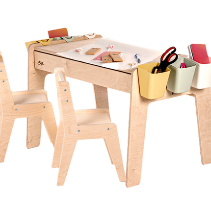 Dětský stůl se zásuvkou + 2 židličky + doplňky