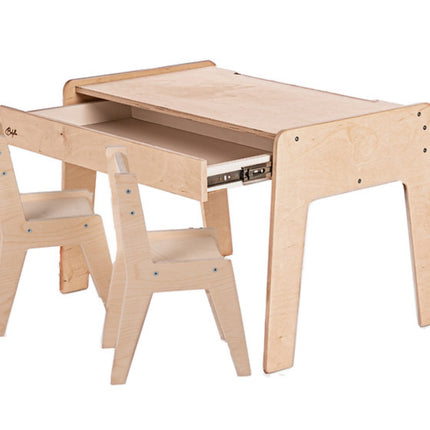 Dětský stůl se zásuvkou + 2 židličky + doplňky
