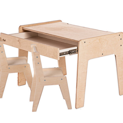 Dětský stůl se zásuvkou + 2 židličky + doplňky